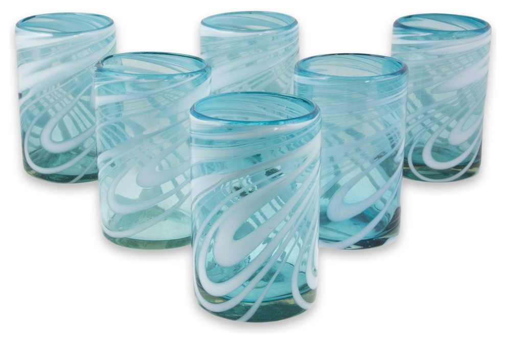Whirling Aquamarine, Set of 6 Blown Glass Water Glasses, Mexico