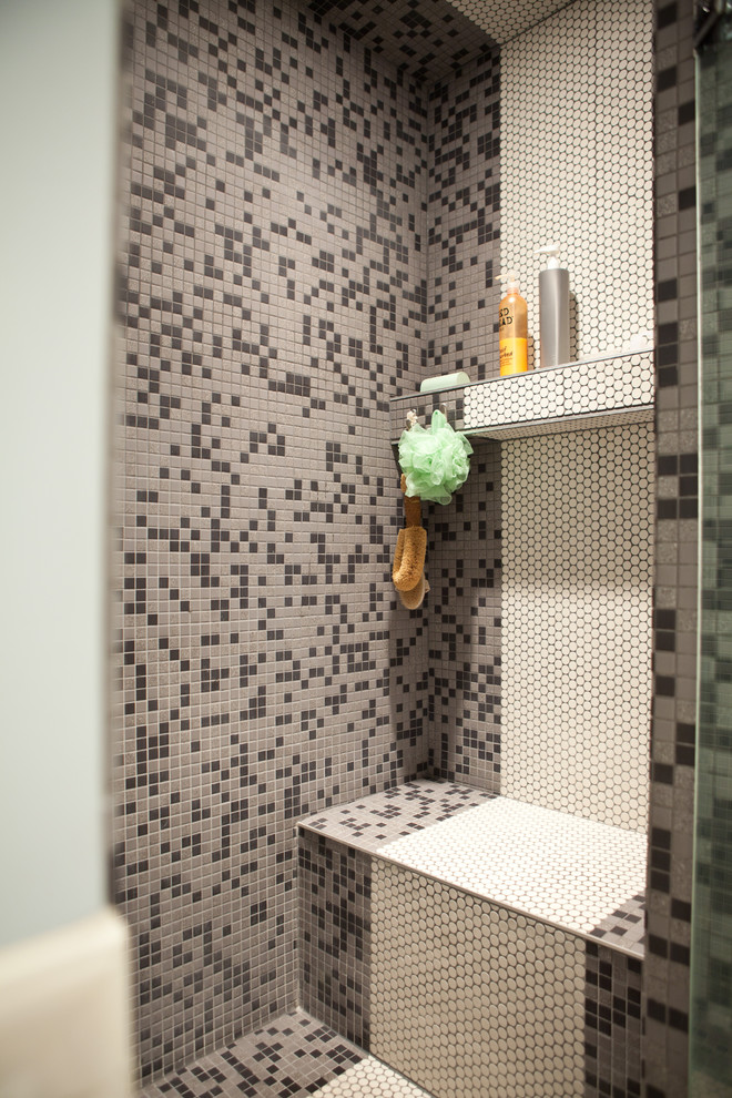 This is an example of an arts and crafts bathroom in Edmonton with mosaic tile.
