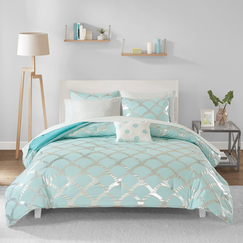 Intelligent Design Lorna Metallic Comforter Set With Bed Sheets Aqua Contemporary 