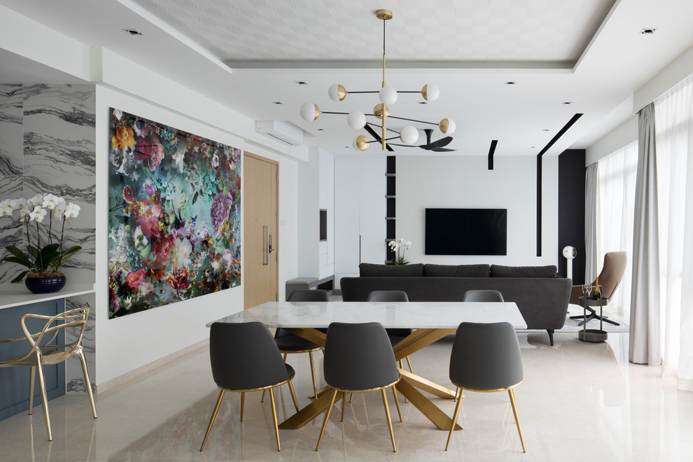 Inspiration for a contemporary dining room in Singapore with white walls and beige floor.