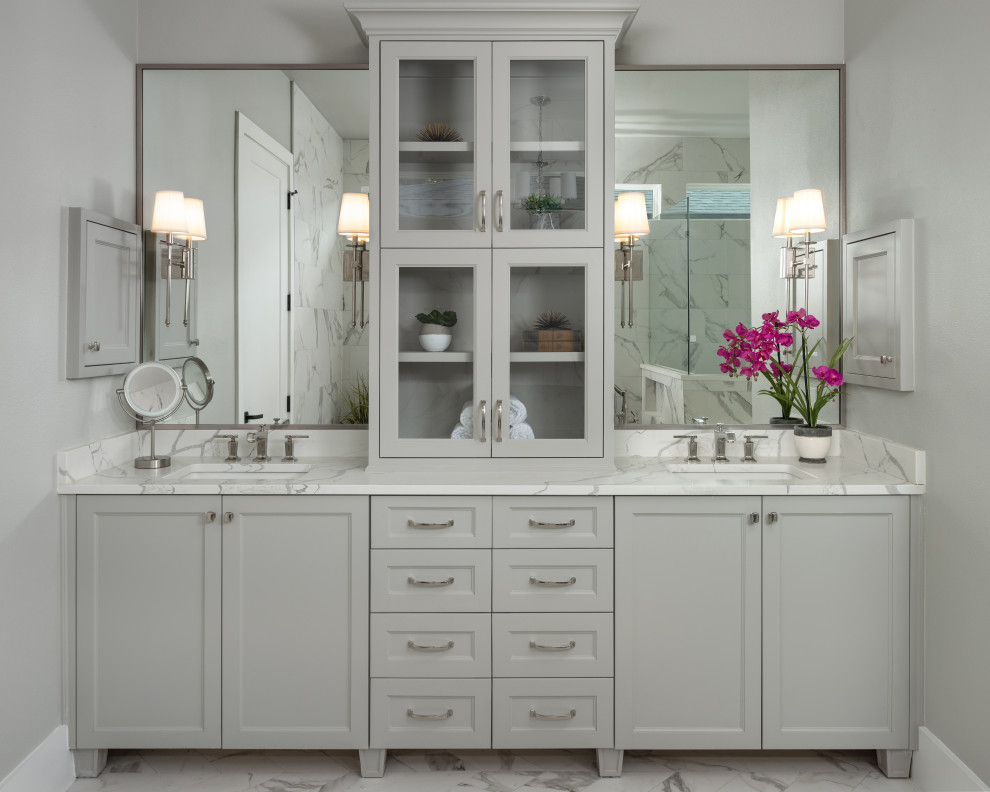 Photo of a transitional bathroom in Dallas with recessed-panel cabinets, grey cabinets, grey walls, an undermount sink, white floor, white benchtops, a double vanity and a built-in vanity.