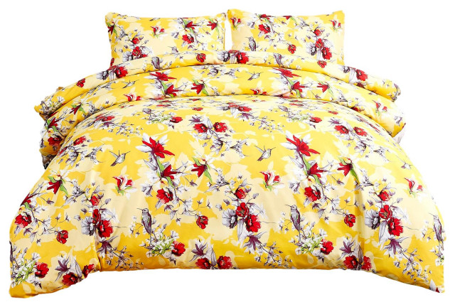 Sunshine Hummingbirds Floral Print Duvet Cover Set with Pillow Cases, Full