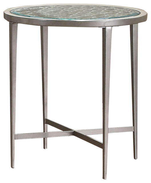 Round Glass Top Metal End Table With Sleek Tapered Legs, Silver