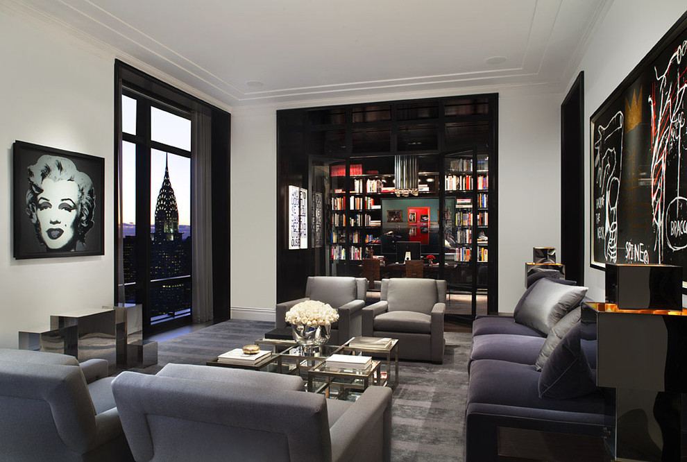 Design ideas for an expansive contemporary living room in New York with white walls.