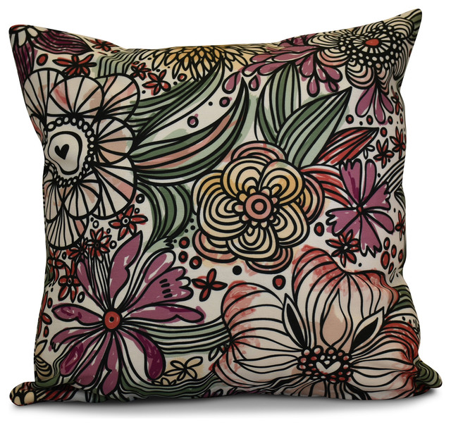Zentangle Floral Floral Print Outdoor Pillow, Purple, 20"x20"