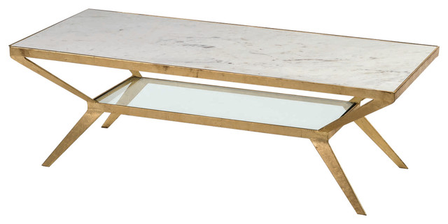 Art Deco Rectangular Gold Coffee Table With Marble Table Top