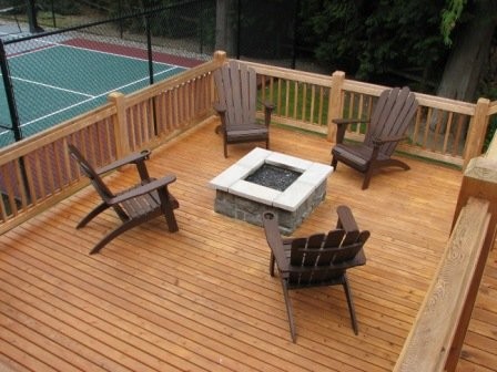 Mid-sized arts and crafts backyard deck in Seattle with a fire feature and no cover.