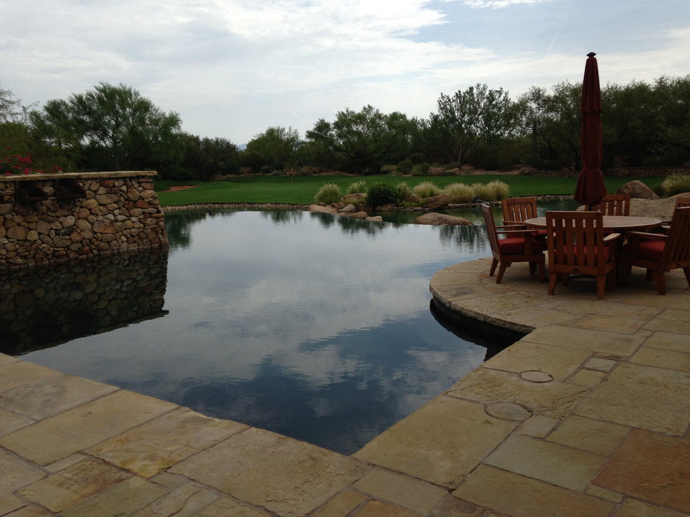 Example of a large mountain style backyard stone and custom-shaped infinity pool design in Phoenix