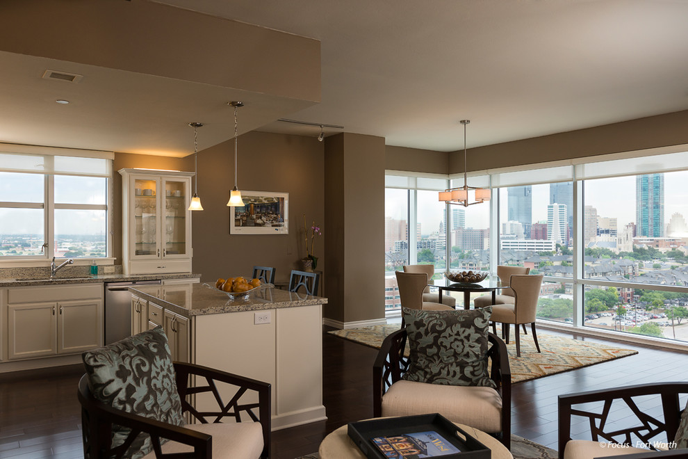 Example of a transitional open concept dark wood floor home design design in Dallas