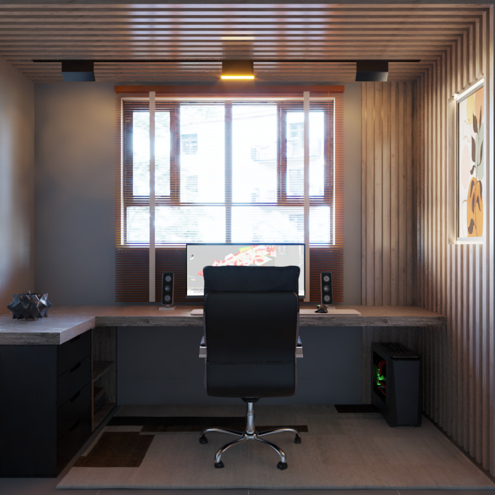 Inspiration pour un petit bureau chalet en bois avec un mur gris, un sol en vinyl, un bureau intégré, un sol beige et un plafond en lambris de bois.