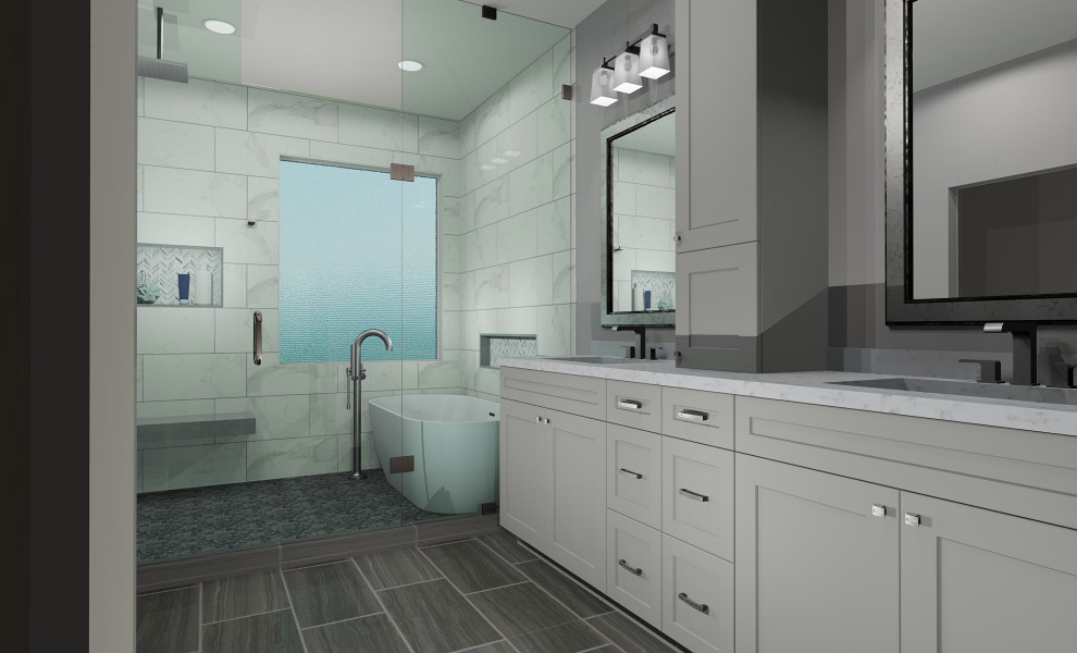 This is an example of a mid-sized transitional master bathroom in Phoenix with shaker cabinets, grey cabinets, a freestanding tub, a shower/bathtub combo, white tile, porcelain tile, grey walls, porcelain floors, an undermount sink, engineered quartz benchtops, black floor, a hinged shower door, white benchtops, a shower seat, a double vanity and a built-in vanity.