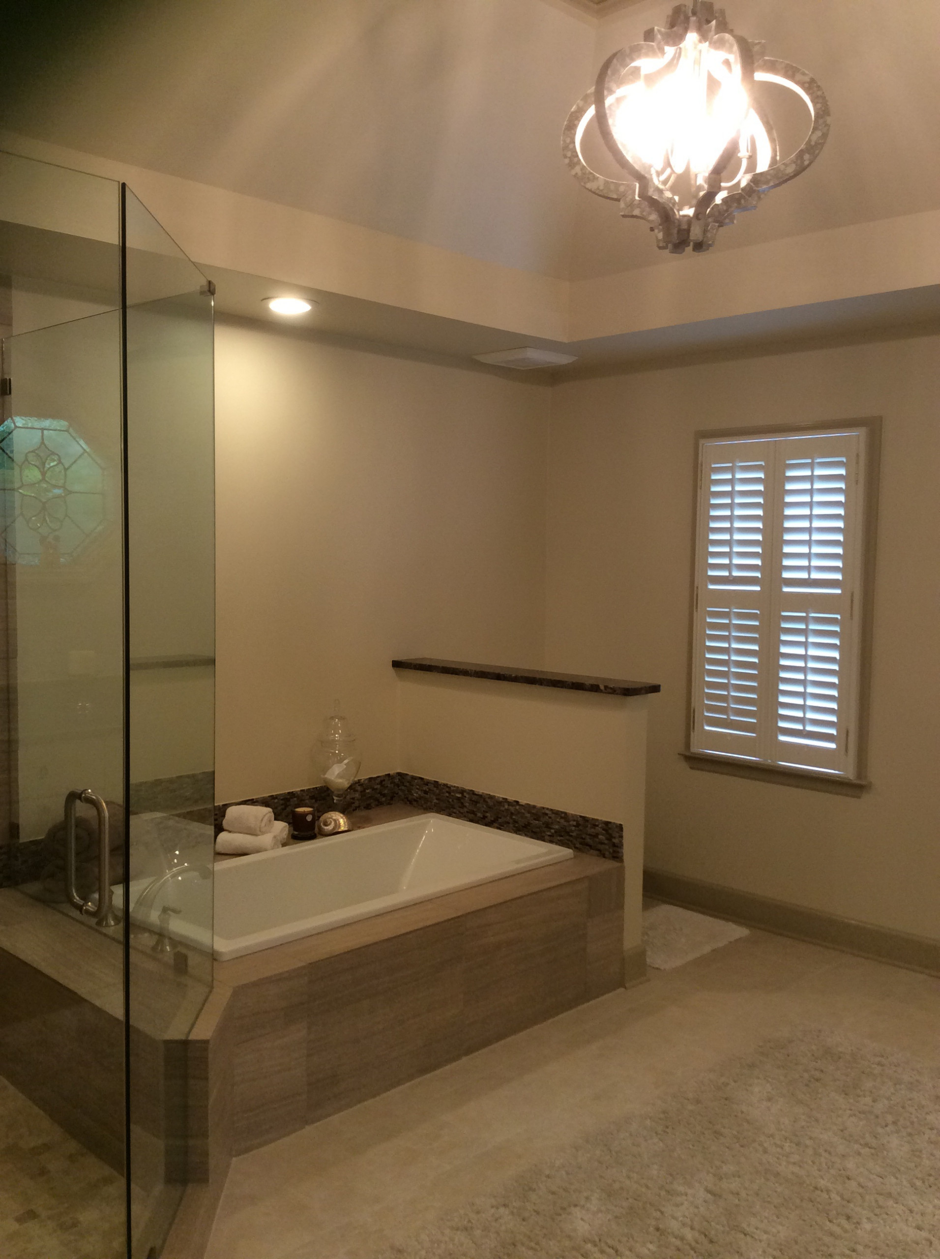 Transitional master bath with morning kitchen