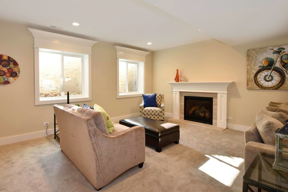 Mid-sized traditional formal enclosed living room in Chicago with beige walls, carpet, a standard fireplace, a tile fireplace surround and no tv.