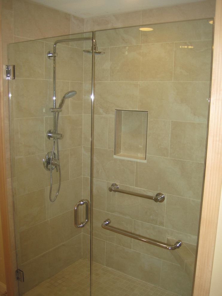 Example of a small minimalist master beige tile and porcelain tile porcelain tile walk-in shower design in Boston with an undermount sink, raised-panel cabinets, white cabinets, granite countertops and a two-piece toilet