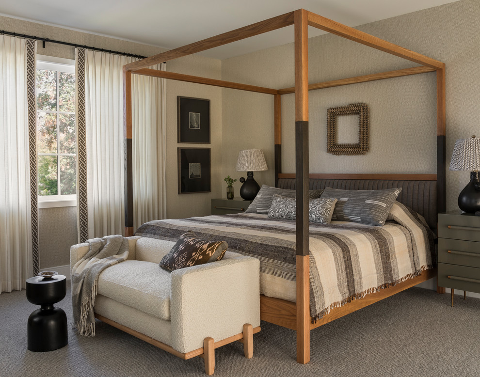 Photo of a transitional master bedroom in Seattle with beige walls, carpet, no fireplace and grey floor.