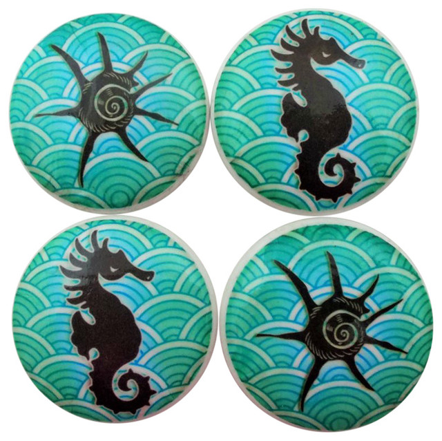 Set Of 4 Seahorse And Sea Shell Cabinet Knobs Beach Style