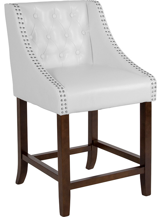 24" High Tufted Walnut Counter Height Stool,Accent Nail Trim,White Leather