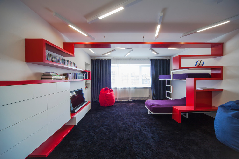 Photo of a large contemporary gender-neutral kids' bedroom for kids 4-10 years old in Other with white walls, carpet and black floor.
