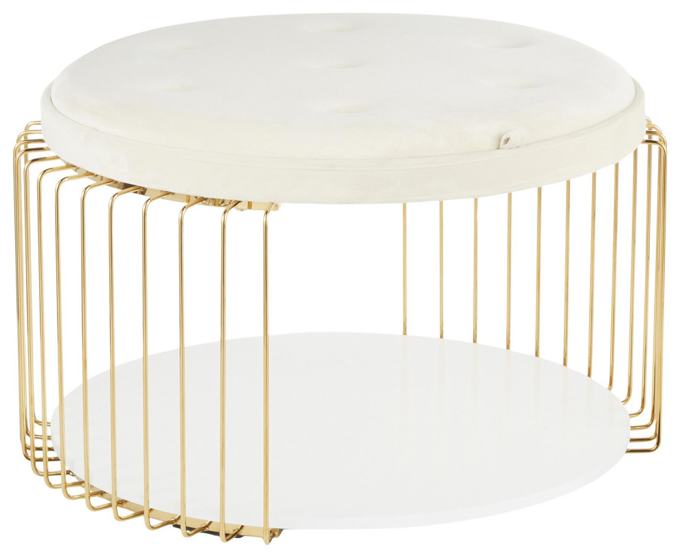 Canary Coffee Table, Gold Metal, White Mdf, White Velvet
