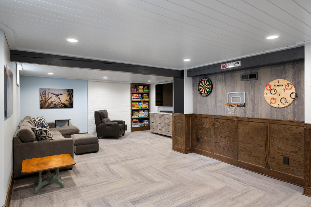 Inspiration for a large contemporary basement in Minneapolis with blue walls, no fireplace, grey floors, a wood ceiling, panelled walls and carpet.