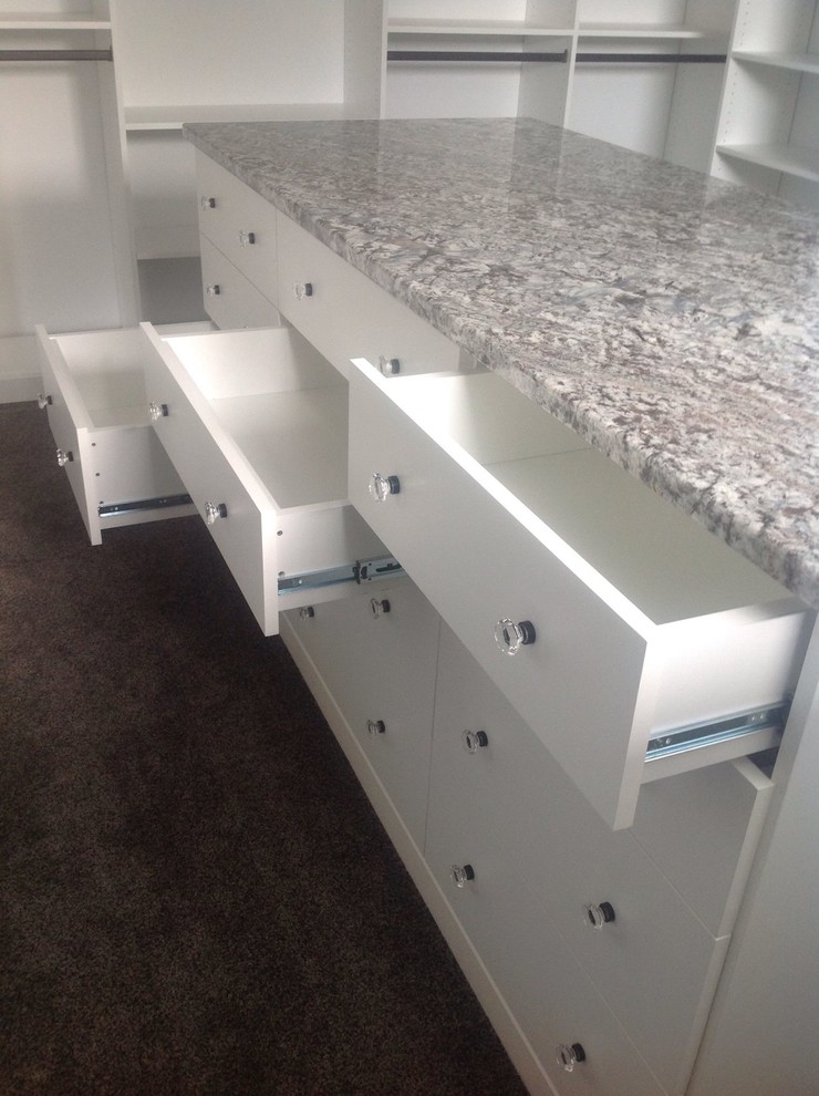 Example of a large transitional women's carpeted home design design in Chicago with white cabinets and flat-panel cabinets