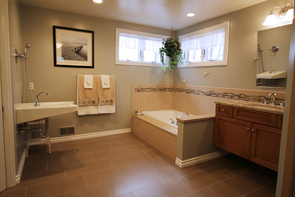 Inspiration for a mid-sized transitional master bathroom remodel with raised-panel cabinets