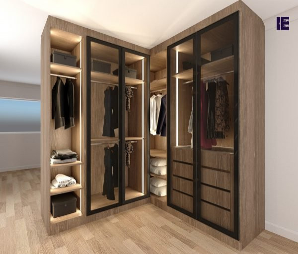 Design ideas for a large modern built-in wardrobe in London with glass-front cabinets, brown cabinets, plywood floors and brown floor.
