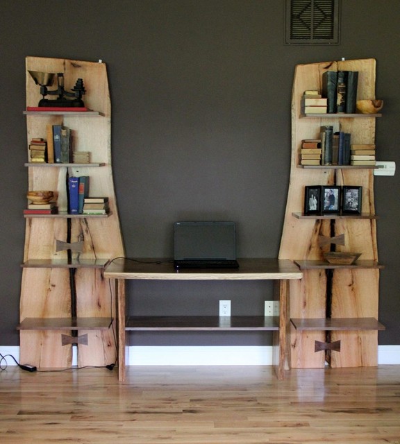Rustic Live Edge Oak Slab Bookcase Built In Desk Rustic