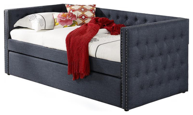 Best Master Tufted Fabric with Nailhead Twin Daybed and Trundle in Trina Gray