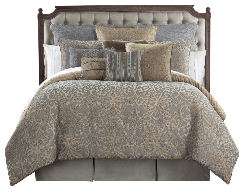 Carrick Silver and Antique Gold Queen Comforter Set, King Traditional