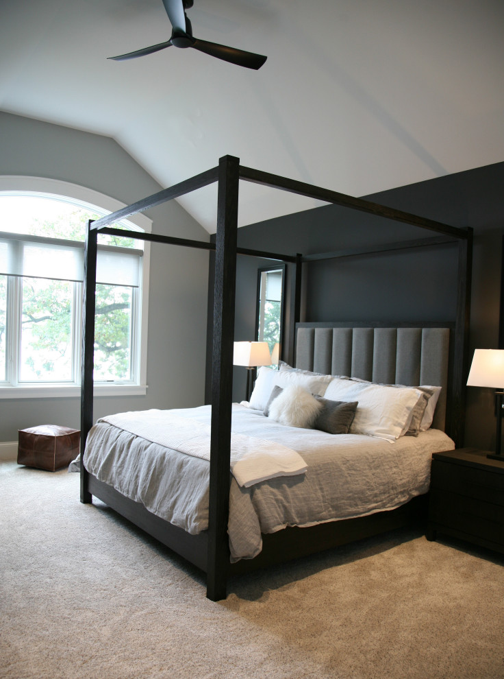 Large elegant guest carpeted, gray floor, vaulted ceiling and wallpaper bedroom photo in Milwaukee with black walls