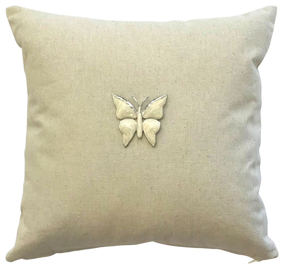 Linen Pillow, Ivory And Silver Removable Butterfly Pin