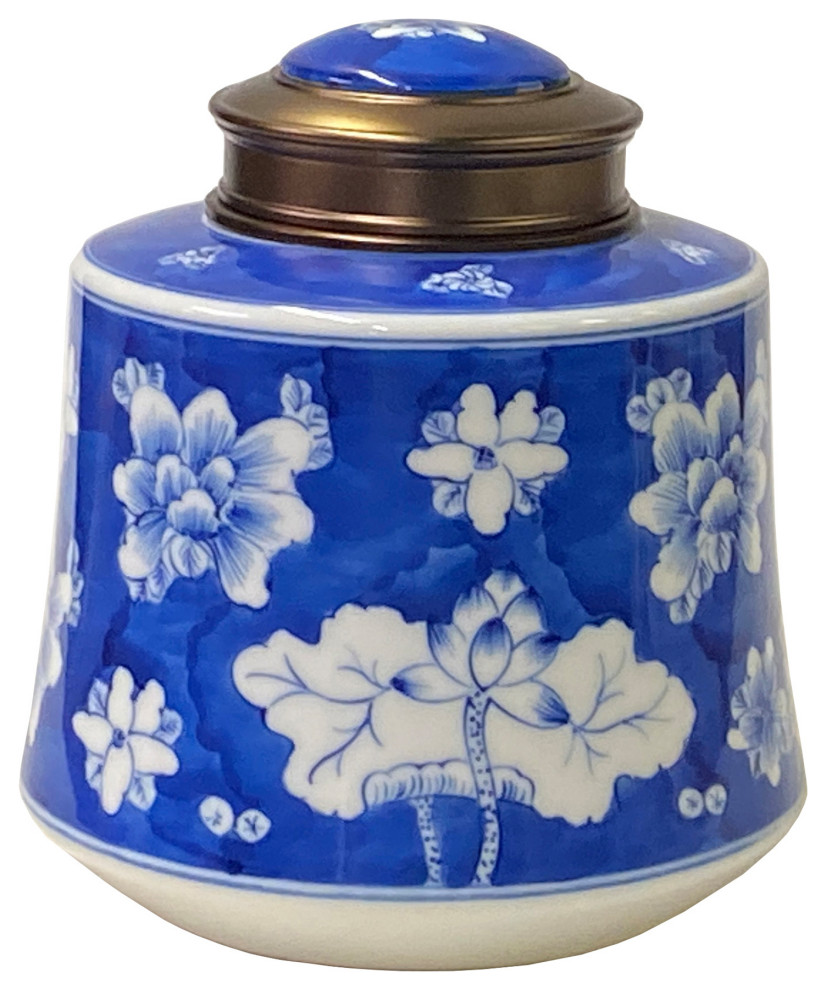 Oriental Handmade Blue White Porcelain Metal Lid Container Urn Hws1718