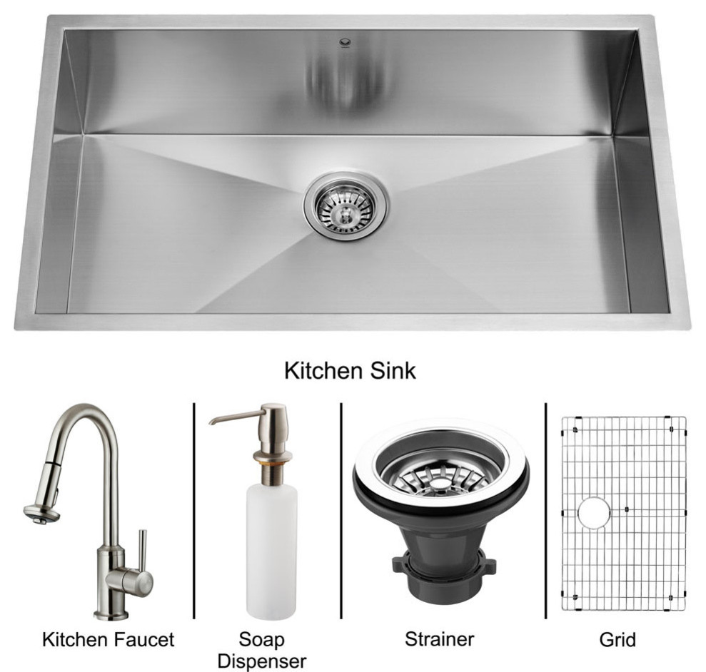 Vigo Undermount Stainless Steel Kitchen Sink, Faucet, Grid, Strainer and Dispen