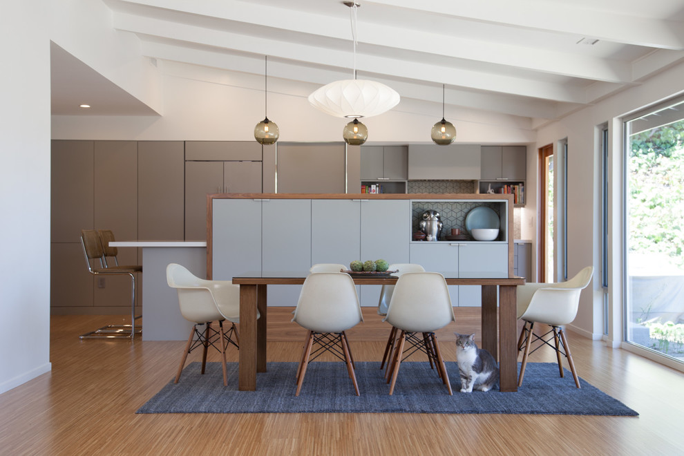 Design ideas for a midcentury dining room in Los Angeles with white walls and light hardwood floors.