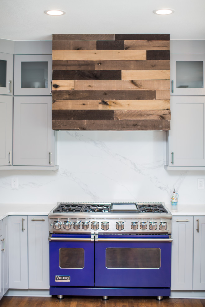 Example of a huge transitional u-shaped eat-in kitchen design in Denver with shaker cabinets, gray cabinets, quartz countertops, blue backsplash, no island and white countertops