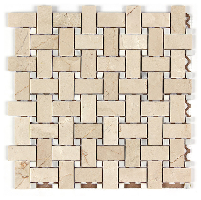 12 X12 Crema Marfil Polished Marble Basketweave With White 12 X12 Crema Marfil Polished Marble