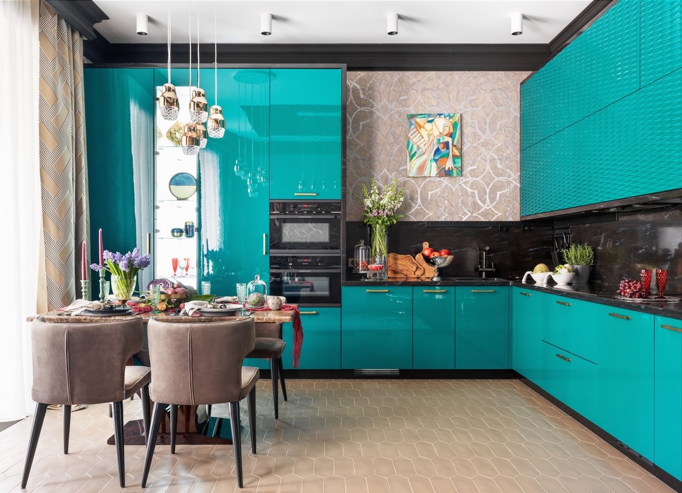 Inspiration for an eclectic l-shaped open plan kitchen in Moscow with turquoise cabinets, flat-panel cabinets, black splashback, black appliances, no island, beige floor and black benchtop.