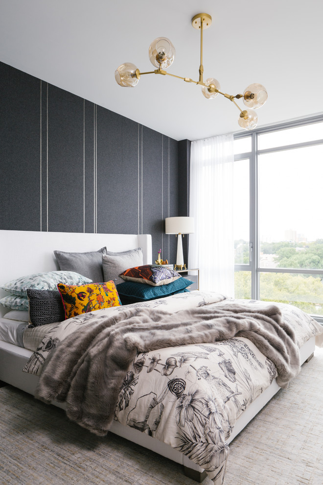 Inspiration for a contemporary bedroom in Tampa with grey walls, carpet and grey floor.