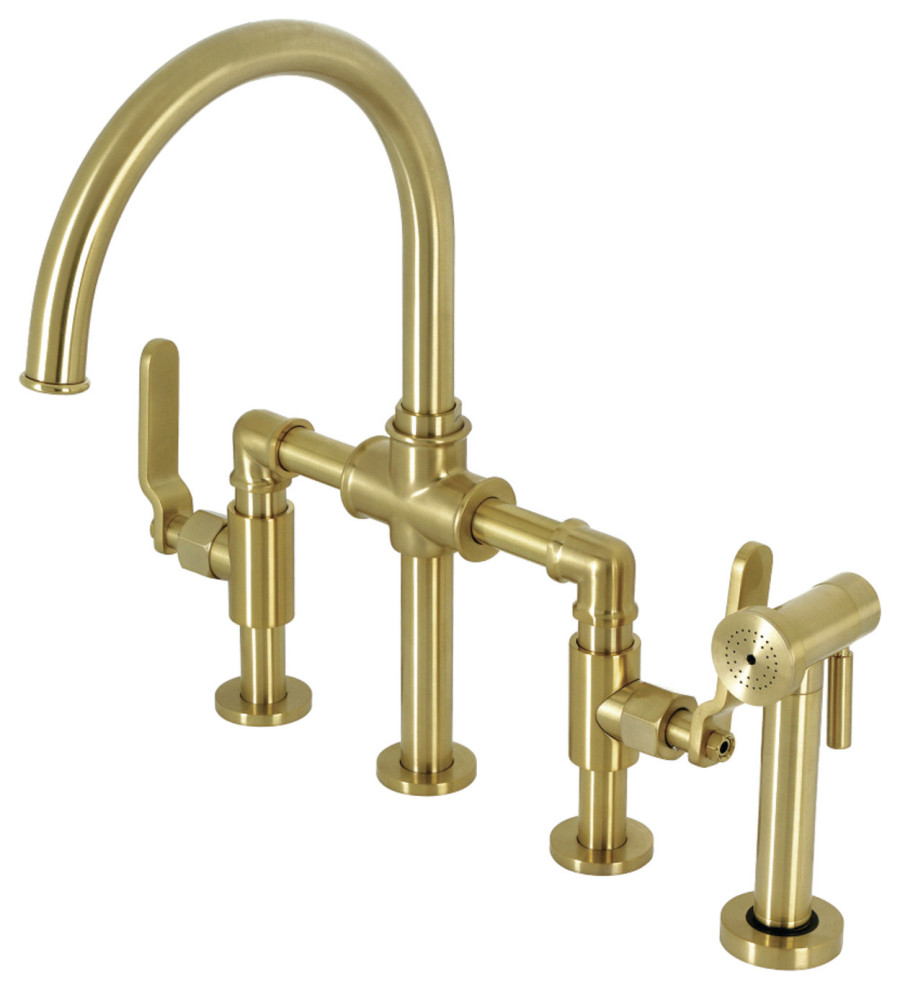 KS2337KL Industrial Style Bridge Kitchen Faucet and Brass Sprayer, Brushed Brass