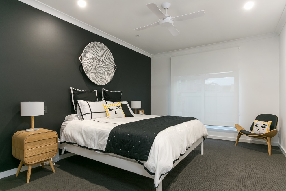 This is an example of a contemporary bedroom in Adelaide with white walls, carpet, no fireplace and grey floor.