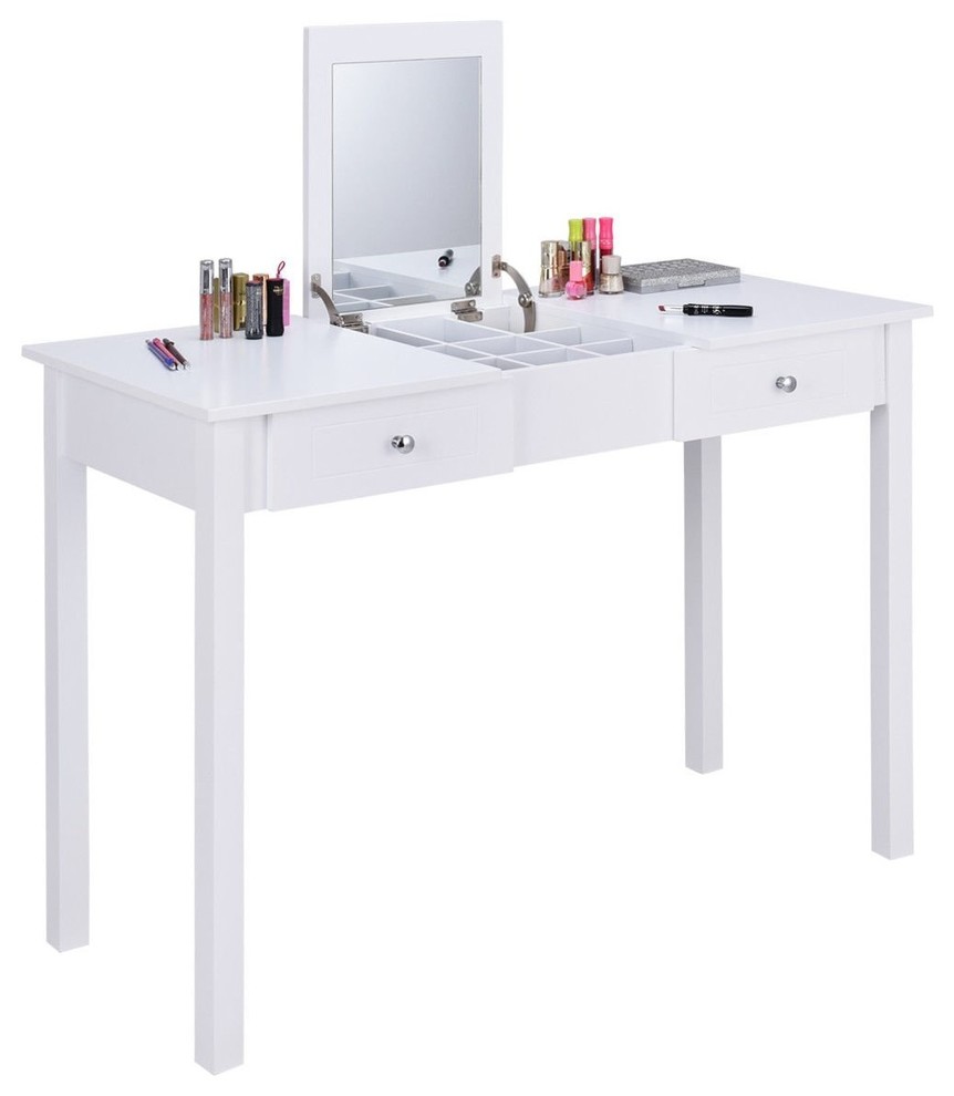 Modern Vanity Table, Flip Top Mirror, 2Drawer and Removable Organizer