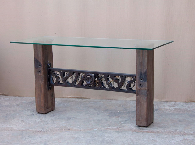 60 L Console Table Solid Glass Top Hand Crafted Hardwood Legs Vintage Iron Base Industrial Tables By Noble Origins Llc Houzz 60 L Console Table Solid Glass Top, Iron Console Table With Glass Top