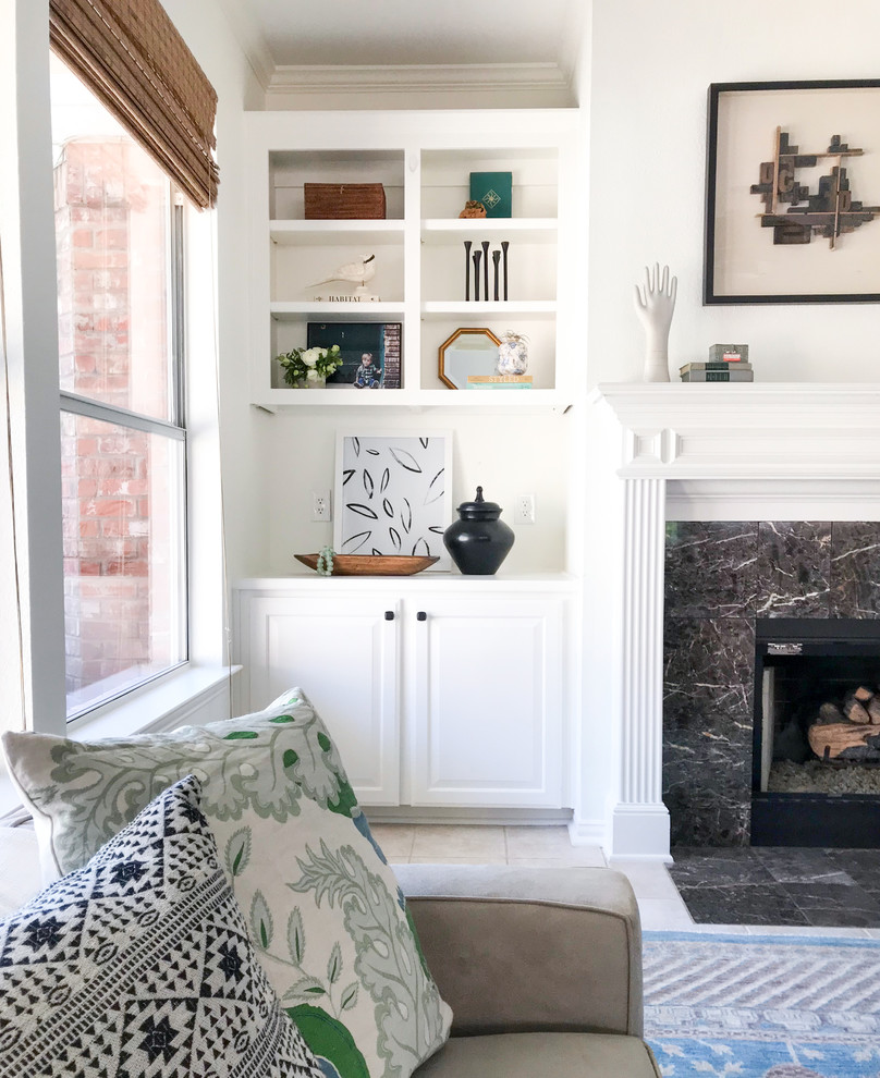 Living Room Built-Ins Dallas – Fireplace Detail & Styled Shelving | Lark Interio - Living room detail in a Dallas home featuring built-in shelving beside a fireplace, styled with layered decor and neutral tones, creating a balanced, functional space with refined character.