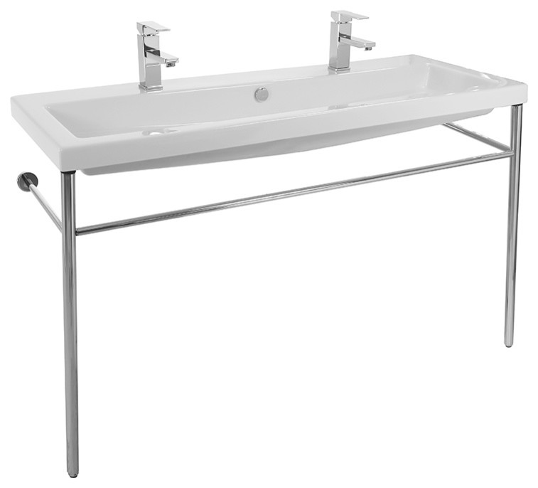 Double Ceramic Console Sink With Polished Chrome Stand Contemporary