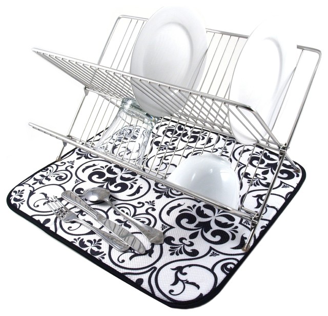 Envision Home Black Damask Dish Drying Mat, 16 x 18 Inch Contemporary