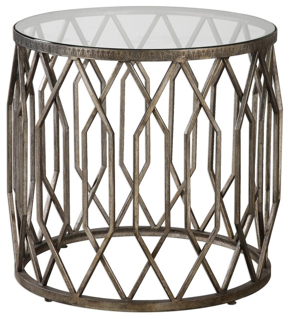 Open Silver Fretwork Drum Accent Table Round End Cage Tribal Open Silver Fretwork Drum Accent Table Round End Cage Tribal