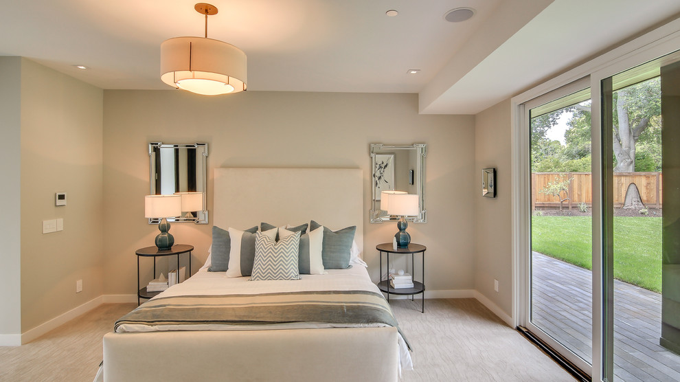 Design ideas for a mid-sized contemporary master bedroom in San Francisco with beige walls, carpet and beige floor.