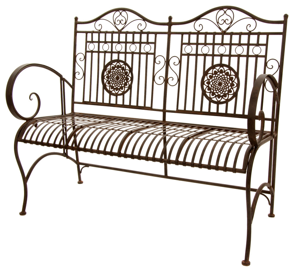 Rustic Metal Garden Bench, Rust Patina Mediterranean Outdoor
