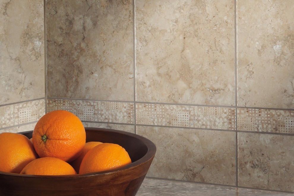 Example of a transitional home design design with brown backsplash, porcelain backsplash and brown walls